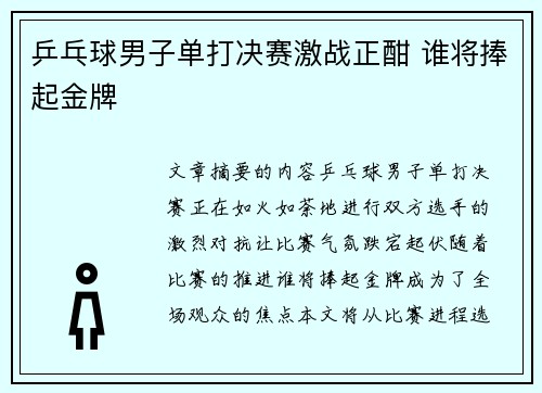乒乓球男子单打决赛激战正酣 谁将捧起金牌